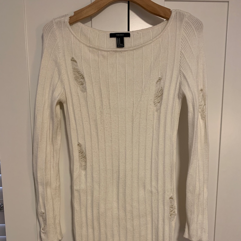 White ripped long sleeve dress with distressing